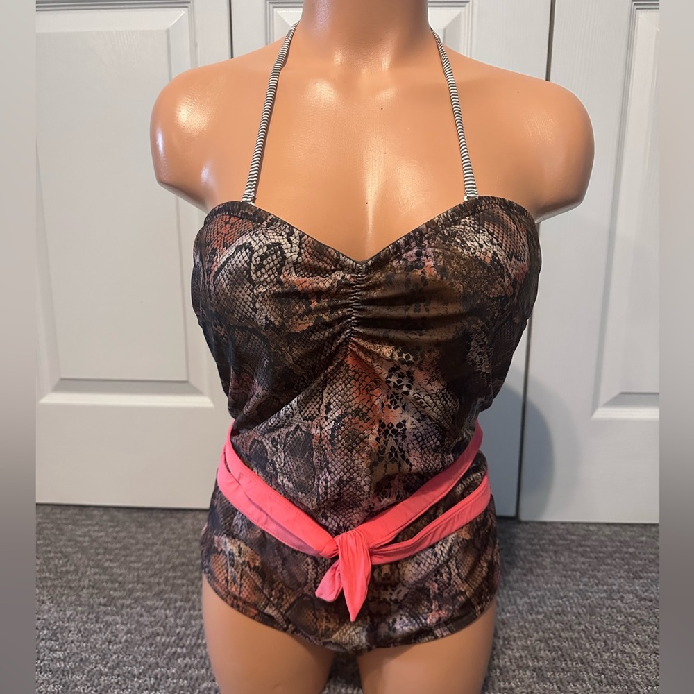 Brown and Coral Snakeskin Bandeau One Piece Swimsuit, Size L (juniors) by SAHA